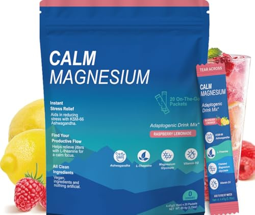 Calm Poudre de Magnésium Glycinate avec Ashwagandha, L-Théanine, Vitamine D3 - pour la Détente, le Sommeil et le Bien-être - Saveur Citronnade Framboise (20 Sachets)
