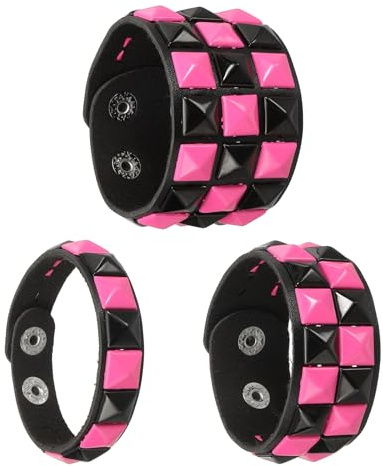 sourcing map 3 Pcs Leather Punk Bracelet 8.7/22cm Square Rivets Goth Spike Studded Bracelet Adjustable Wristband Cuff Bangle for Halloween Party Favors Emo Grunge Accessories, Black Pink
