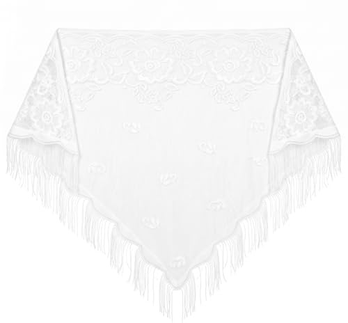 Chal de Mujer, Bufanda de Encaje Elegante, Estola de Mujer de Boda, Envoltura Triangular de Encaje Floral con Flecos, Estola de de Boda Elegante Blanca