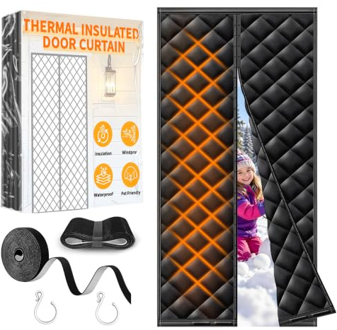HOFUDON Thermal Door Curtain Magnetic 90 x 210 cm, Black | Heavy Duty Oxford fabric, Waterproof Windproof, Powerful Magnets Self-Closing, insulated door curtain for Winter, No Drill