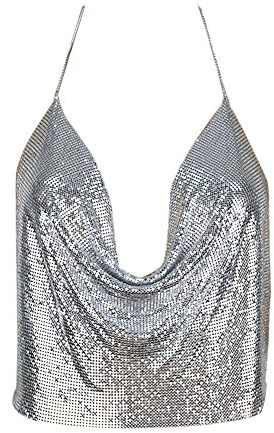 Butterme Sexy catena V profonda delle donne sexy profonda catena V Halter maniche Backless metallo Vest paillettes CroWomen Halter maniche Backless metallo Crop Top Club Wearp Top Club Wear