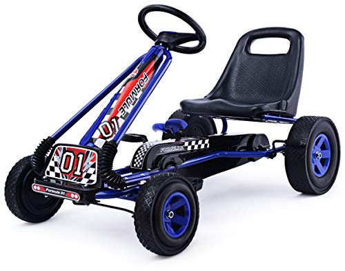 Costzon Go Kart for Kids, 4 Wheel Off-Road Pedal Go Cart w/Adjustable Seat, Steering Wheel, 2 Safety Brakes, EVA Tires, Ride-On Toys, Outdoor Racer Pedal Car (Blue, 40 L x 24''W x 24.5''H)