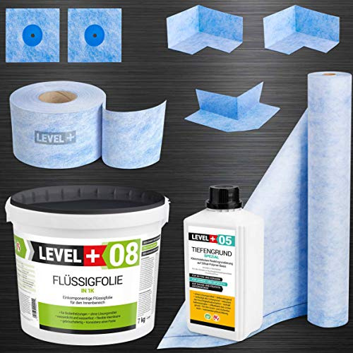 Set de sellado de ducha para baño 7 kg, lámina líquida impermeabilizante, 2 esquinas interiores, 1 esquina exterior, 2 manguitos de pared, banda de sellado de 5 m, 2 m de fondo de 1 L SET40