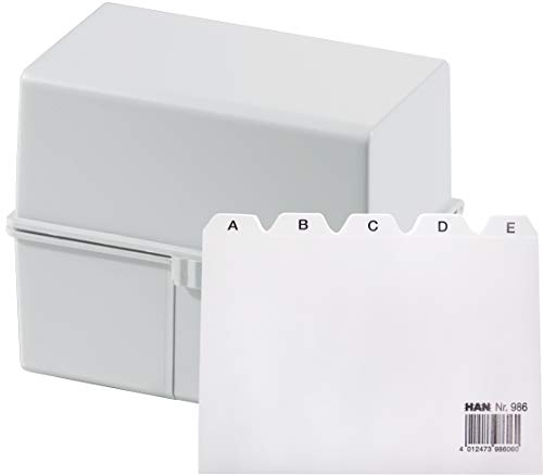 HAN Karteikartenbox DIN A6 für 400 Karteikarten im Querformat/Aufbewahrungsbox aus Plastik mit Deckel & Stahlscharnier/für Schule & Büro (Lichtgrau + Register A-Z)