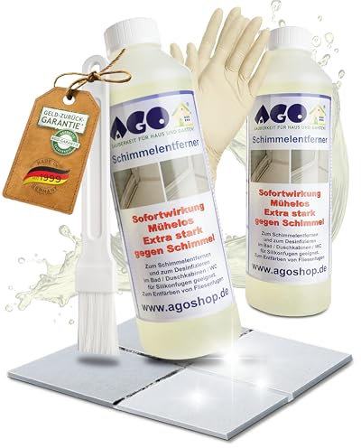 AGO 2x 500ml Schimmelentferner mit Pinsel & Handschuhen – stärker als herkömmliche Sprühreiniger/hochkonzentriertes Anti Schimmel Mittel/Schimmelentferner Fugen Dusche/Schimmel Entferner