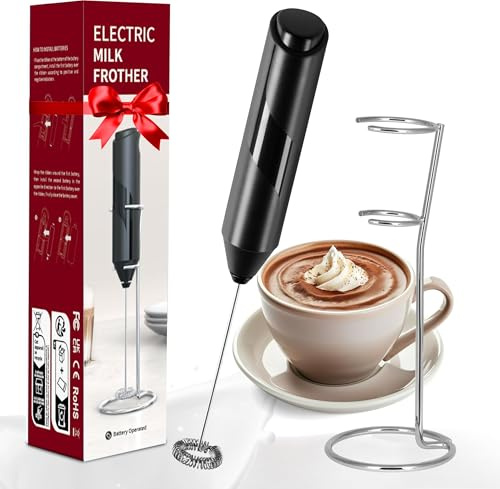 YSSOA Electric Milk Frother Handheld with Stainless Steel Stand Battery Operated Whisk Drink Mixer for Coffee, Frappe, Latte, Matcha, Black (Handheld, Black)