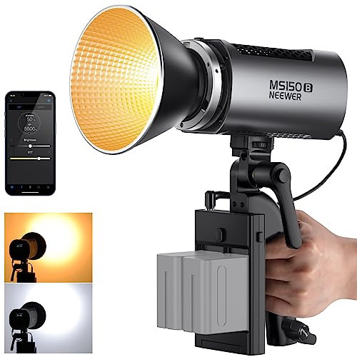 NEEWER MS150B 130W Bi Color Luz Video LED, Iluminación Continua Mini COB Portátil Foto App Control, 2,4G Modo Foco Lámpara, 200000 Lux/0.5m, 2700K-6500K, 12 Escenas, 2 Opciones Fuente para Estudio