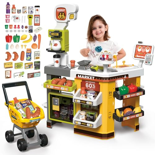 deAO 66 PCS Supermarket Playset for Kids, Grocery Store Toy, Shopping Cart | Role Play Pretend Play Toys, Supermarket Accessories & Cash Register, Play Food Accessories, Christmas Birthday Gift, Green
