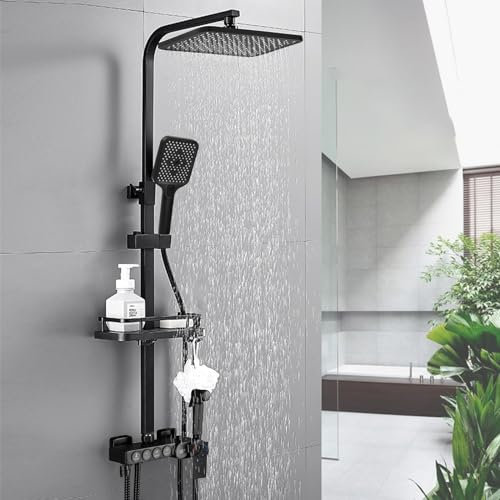 Dnkelar Duschset, Duschsystem mit großer Regendusche, Handbrause, mit Höheverstellbarer Duschstange (Thermostat-LED Anzeige-Schwarz-4)