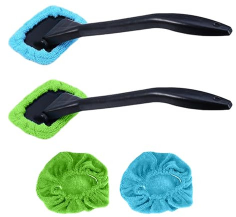 OAAO 2 Pcs Windscreen Cleaning Brushes and 2 Pcs Replacement Cloths, Long Handle Windshield Cleaner, Suitable for Various Car Models of Windshield Cleaning and Demisting Moisture (Blue and Green)