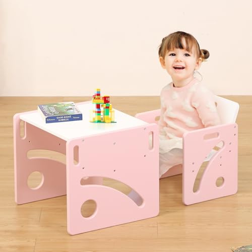 FUNLIO Montessori Set för småbarn 1–3 år, justerbar höjd, barnbord och stol för läsning, mat/lek, enkel installation – rosa