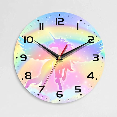 ENUIEO Wall Clock, 10 Inch Silent Non-Ticking Home Kitchen Decor, Battery Operated for Bathroom Bedroom Living Room Office(Rainbow Unicorn)