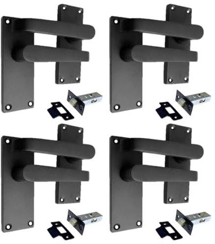 Epsom Door Handle Matt Black Straight Door Handle Set - Victorian Style Internal and External Lever Door Handles with Backplate 118mm x 42mm (4 Pair of Latch Handles + Tubular Latch)