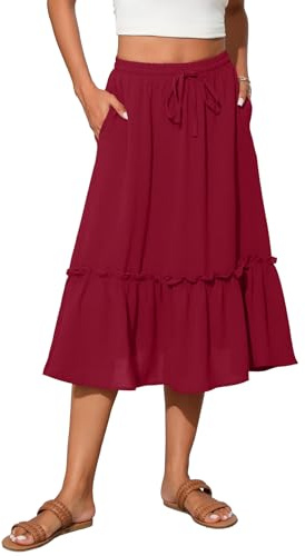 TASAMO Women's Elastic High Waist Flared Skirt with Tiered Hem and Adjustable Drawstring - Lightweight and Breathable for Everyday Wear