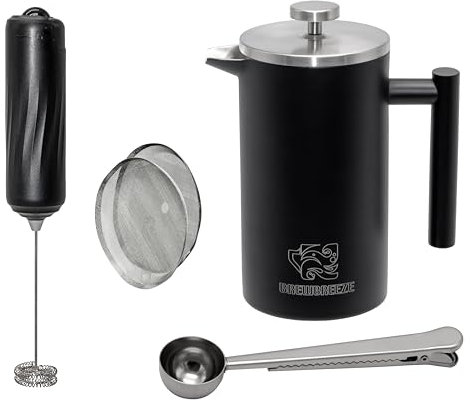 Brewbreeze French Press Set I Cafetière à piston thermique pour café filtre, 1 litre, mousseur à lait, double paroi isolée, en acier inoxydable (noir)