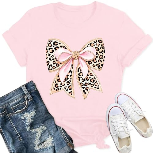 Qskall Womens Bow T Shirts Bow-Themed Shirt Leopard Print Bowknot Tee Tops Pink