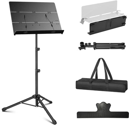 Portable Sheet Music Stand - 2 in 1 Dual-Use Folding Music Stand & Desktop Book Stand with Carrying Bag, Tri-fold Panel Metal Holder Adjustable Height with Music Sheet Clip Holder
