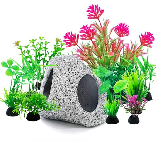 SLOCME Ensemble de 10 pièces de roches et de plantes pour aquarium & Grotte – Plantes d'aquarium en plastique colorées, décorations pour aquarium, abris en céramique pour la reproduction des poissons
