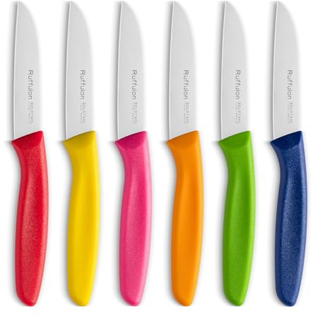 Ruffulon Classic Set of 6 Paring Knives with Straight Edge, Stainless Steel, 8 cm, New Sharp and Durable Small Kitchen Knife, Comfortable Non-Slip Handle, for Fruit and Vegetables, Colour