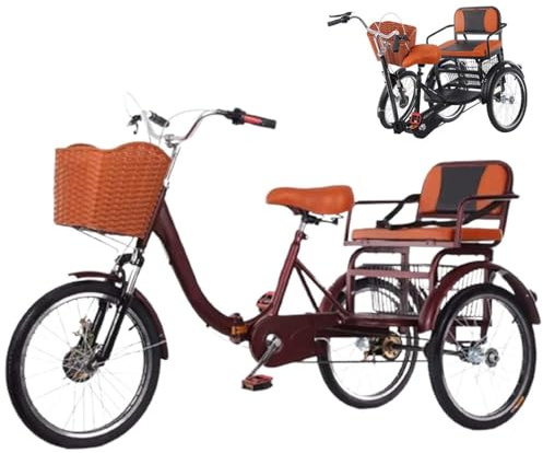 20-Tums Trehjuling Hopfällbar Vuxencykel, Cruiser-Trike, Dubbelkedja/Dämpning, Hopfällbar Cykel För äldre 3-Hjuliga Cyklar Med Lastkorg Och Bekväm Sadel Brown