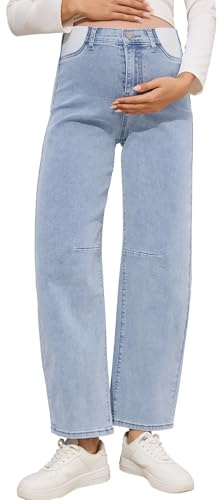 fitglam Maternity Barrel Jeans Mid-Rise Wide Leg Fit Denim Pants with an Adjustable Rubber Band(Light Blue, Medium)