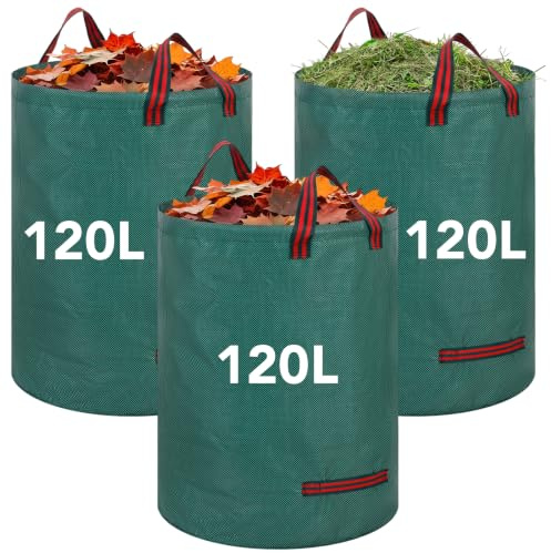 3 Pack 120L Large Garden Waste Bags with Handles, Heavy Duty Yard Bin Bags | Reusable yard waste bags, leaf collector bin bags, garden sacks with handles for collecting plant waste grass and Leaves