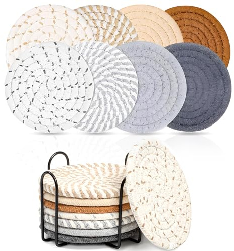 DBAILY 8 stycken underlägg glas, handgjorda koppunderlägg med hållare, glasunderlägg, rund, handgjorda, flätat tjockt bomullsrep, tvättbar, slitstark mugg, mattor, bordsdekoration