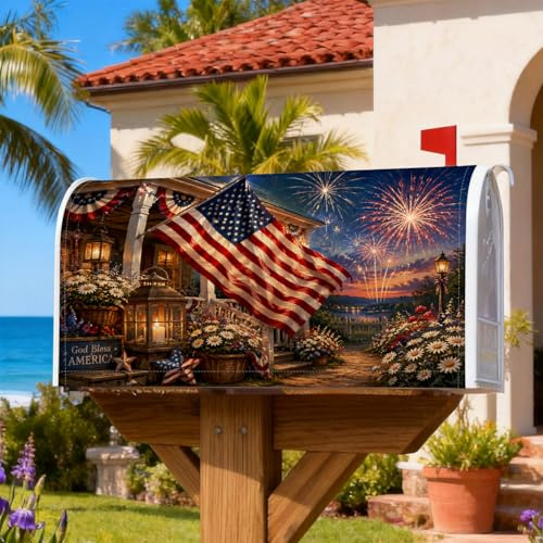 Coperture magnetiche per cassette postali con bandiera americana, lanterne natalizie patriottiche, fuochi d'artificio per il giorno dell'indipendenza, protezione per la posta per la casa e il giardino