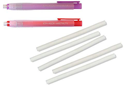 2 Stück KOH-I-NOOR Radiererstifte Radierer Set in Stiftform (ROT + LILA) 12,5 cm Lang plus 5 Stück Ersatzradierer