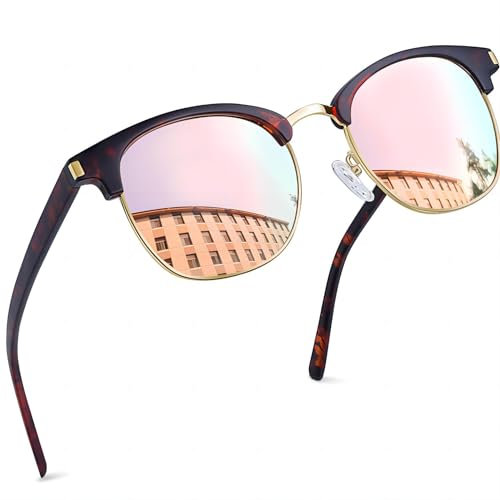 Joopin Retro Halbrahmen Sonnenbrille Herren UV400 Schutz Polarisierte Sonnenbrille Damen Rosa Verspiegelt Rechteckig Polarized Sunglasses Unisex für Autofahren Reisen Angeln (Rosa)