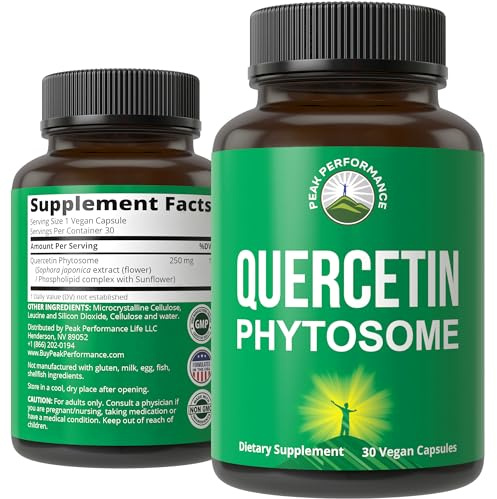 Peak Performance Ultra Pure Quercetin Phytosome Vegan Capsules - Rich Sophora Japonica Extract for Max Absorption Now. Quercetin 250mg Supplement Capsules. Made in USA