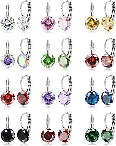 CASSIECA 12 Paar Geburtsstein Ohrringe Edelstahl Mehrfarbige Zirkonia Tropfen Baumeln Klappbügel Ohrringe Schmuck Geschenke für Damen
