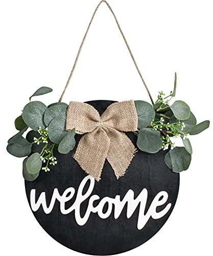 HQdeal Willkommensschild Haustür hängend, Willkommenskranz Haustür, Holzschild Rund zum Aufhängen, Rustikale Holz Wandschild, Willkommen Türschild Haustürdekoration für Bauernhaus, Veranda (Schwarz)
