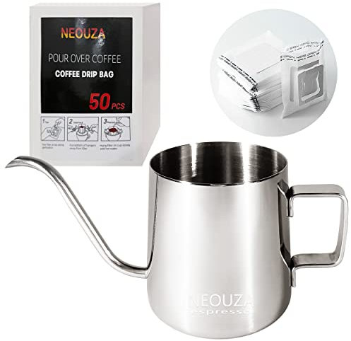 NEOUZA Gotero para café, filtro de café reutilizable, para verter sobre la cafetera, diseño de doble malla de filtro de cono de acero inoxidable (hervidor de agua de 250 ml y bolsa de 50 piezas)