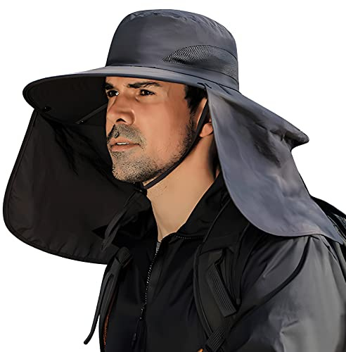 DOCVIT Fishing Hat for Men&Women,Outdoor UV Waterproof Wide Brim Bucket Hat,UPF50+ Sun Hat with Neck Flap Dark Grey