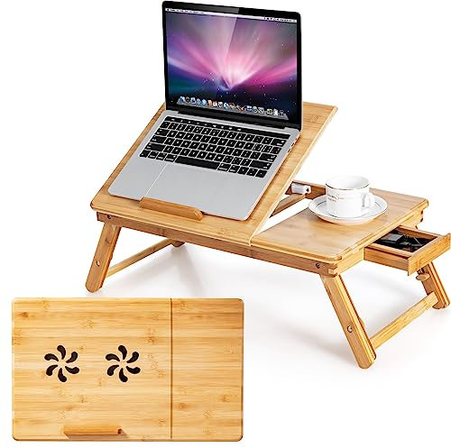 COSTWAY Table de Lit Pliable 53 x 33 cm, Plateau de Lit en Bambou avec Pieds Réglables et Plateau Inclinable, Support d'Ordinateur Portable avec Tiroir et Trous d'Aération (Naturel)