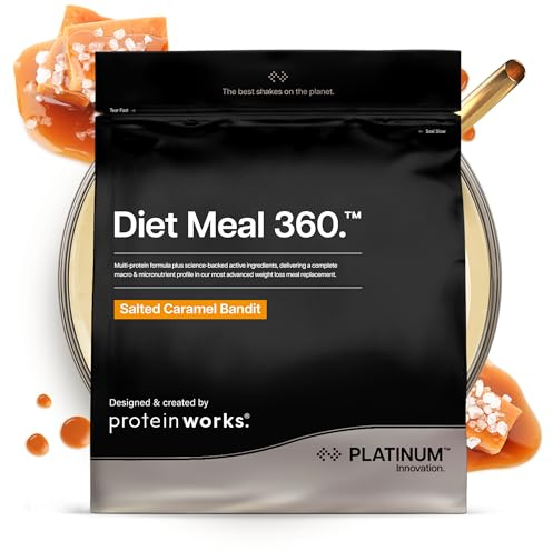 Protein Works | Diet Meal 360 - PLATINUM Innovation, Diet Meal Replacement Shake, Supports Weight Loss, 26 Vitamins & Minerals, Added Flaxseed, Inulin, Omega 3, Salted Caramel Bandit, 8 Meals, 500g