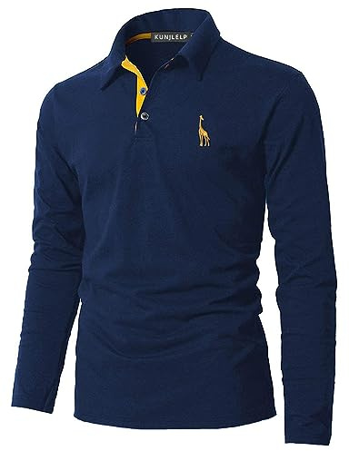 KUNJLELP 100% Cotone Polo da Uomo Manica Lunga Ricamo di Giraffa Maglietta Uniformi Polo da Lavoro per l'autunno e l'inverno,A-Blu,L