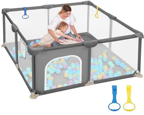 Dripex Baby Playpen, 47x47 Play Pens for Babies and Toddlers, Safe Anti-Fall Play Yard with Gates, Baby Fence with Breathable Mesh, Indoor & Outdoor Kids Activity Center, Grey