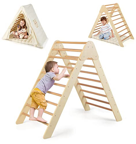Maxmass Kids Climbing Triangle and Tent, 2-In-1 Children Climber Set with Tent Cushion, Indoor Outdoor Toddler Playhouse for Over 1 Year Old Boys Girls