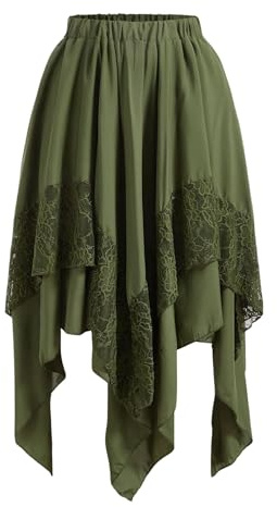 Verdusa Women's Renaissance Pirate Skirt 2026 Y2k Contrast Lace Asymmetrical Midi Skirts Whimsical Clothes Army Green Medium