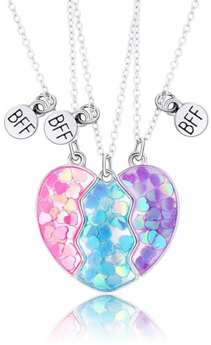 Cosysparks BFF-halsband för 3 flickor, 3 vänskapshalsband för 3 flickor, magnetiskt hjärta, vänskapshalsband, matchande halsband för bästa vänner, smyckesgåva för flickor (rosa + blå + lila)