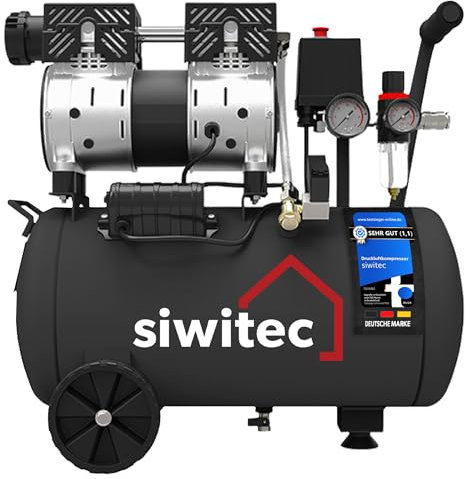 siwitec Flüsterkompressor SK-750 | 750 W | 24 L Kessel | max. Druck 8 bar | 67 dB | 124 l/min Ansaugleistung | ölfrei & wartungsarm | Druckluftkompressor | Kompressor mit Schnell-Anschluss-Kupplung