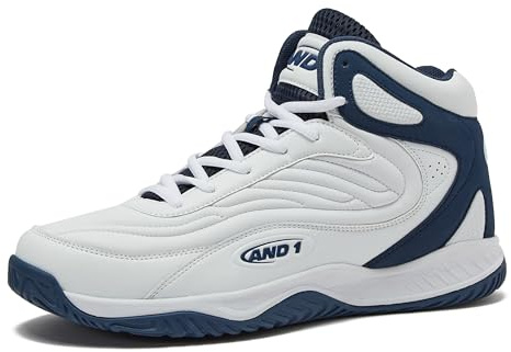 AND1 Pulse 3.0 Basketballschuhe für Herren, drinnen oder draußen, Street oder Court Basketball-Sneaker für Herren, Schwarz, Rot oder Weiß, Größe 40 bis 48, Weiß/Dunkelblau, 12 Women/10.5 Men