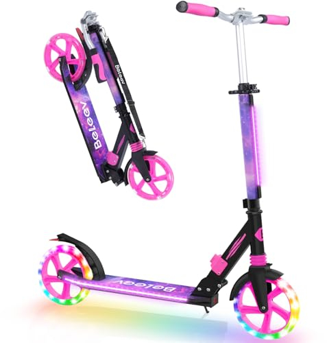 BELEEV Big Wheel Scooter mit LED Leuchtenden Lenksäule, Deck, Wheels, Höhenverstellbar, ABEC-9, 200mm Räder,Federung,Tragegurt, Faltbare Cityroller Kinder ab 6 Jahre,Jugendliche,Erwachsene, Tretroller