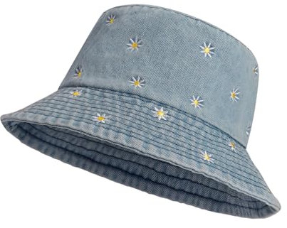 JJDreams Vintage Gestickter Fischerhut mit Gänseblümchen Trendy Washed Denim Bucket Hat Weicher und Leichter Faltbarer Sommerhut, Sonnenhut Damen