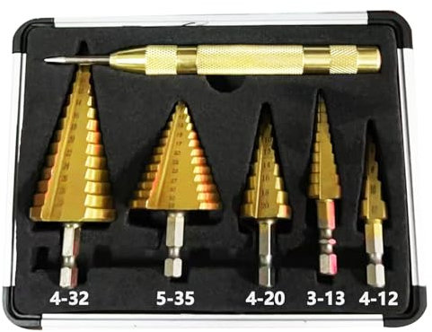 Genossen Broca Escalonada, 5pcs Brocas Cónicas HSS Titanio,（4-12mm, 3-13mm, 4-20mm, 4-32mm, 5-35mm）+1 perforadora central automática, acero de alta velocidad, revestimiento de titanio, para DIY madera