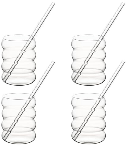 HanseKök Bubble glas-set med glassugrör [4 x 350 ml] – perfekt för iskaffe, vatten och cocktails – set med longdrinkglas, iskaffeglas, kaffeglas, iced Coffee Bubble glas