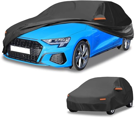 Partuto Funda de Coche Impermeable para Todo Clima Protección Solar y contra Lluvia Exterior Completa para Audi A3 Hatchback 2013-2024 Película de Aluminio Negra con Franja Reflectante.