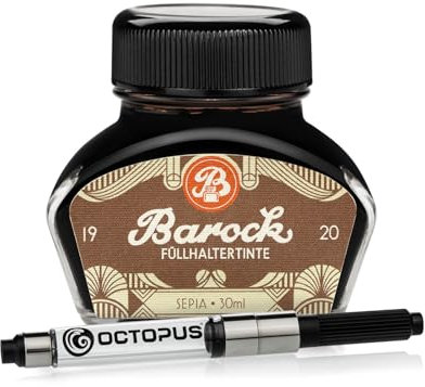 Barock 1920 Sepia Fountain Pen Ink with Ink Converter, Writing Ink for Fountain Pens, Fountain Pen Ink in Glass Brown, 30 ml